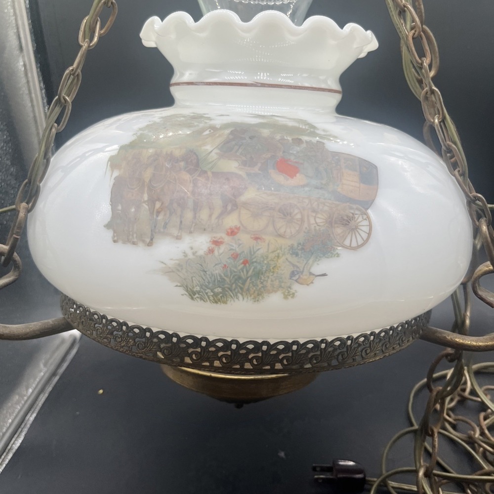 Vtg Aladdin Electric Milk Glass Library Hanging Lamp Chandelier 10" Stagecoach - Picture 14 of 16